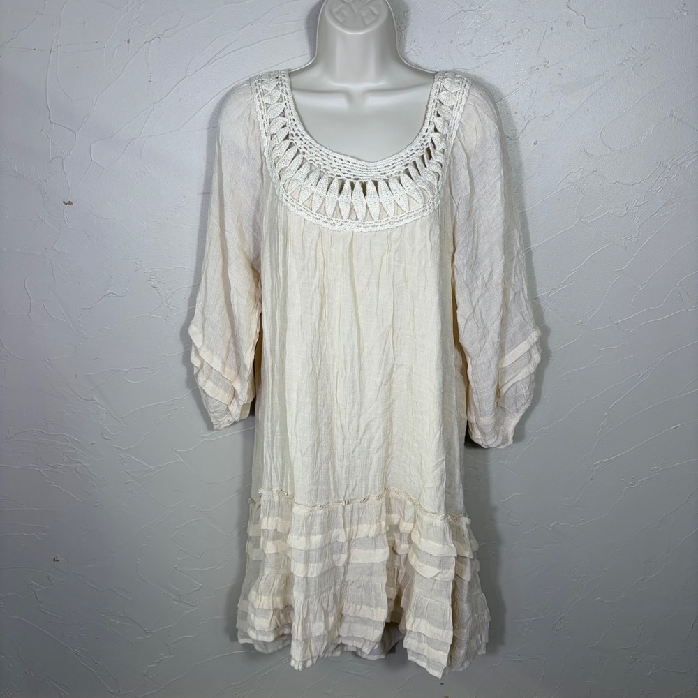 Crochet Tiered Ruffle Mini Dress Women Large Cream Boho Fairycore Cottagecore
